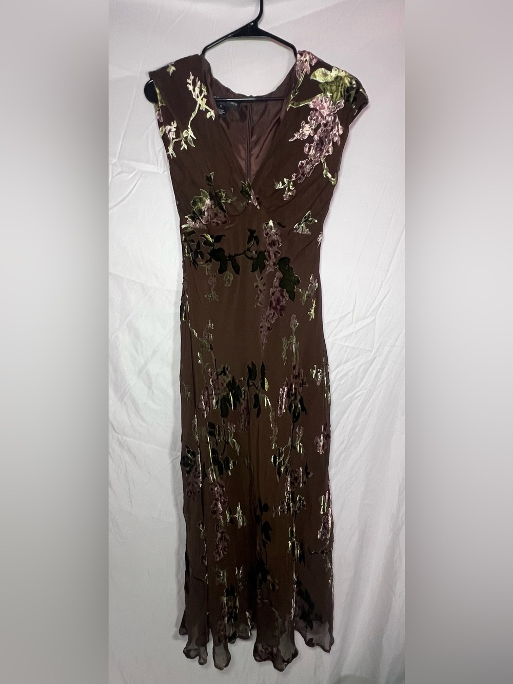 Vintage Jones New York Brown Floral Maxi Dress with Pink and Green Accents